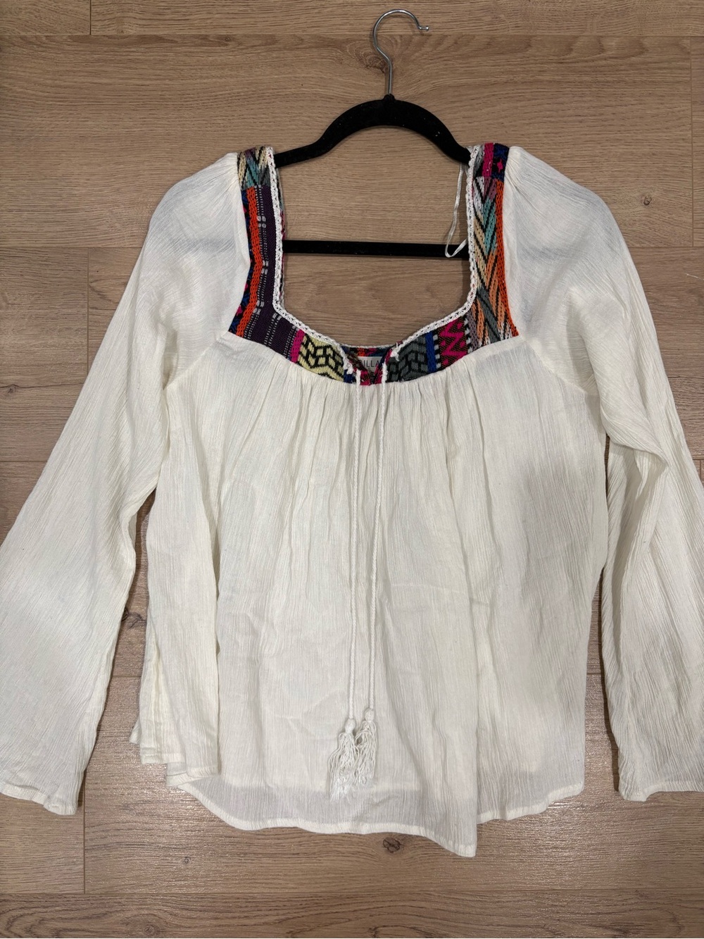 Billabong Boho Embroidered White Top with Multicolor Trim